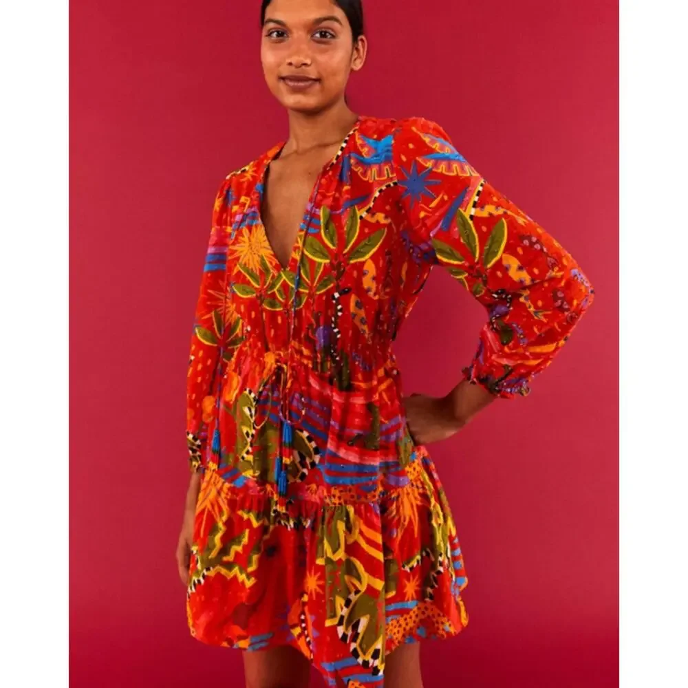 Farm Rio Magic Forest Cotton Mini Dress V-Neck Long Sleeve Beaded Tassels sz M - Picture 6 of 16